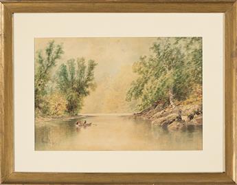 GRANVILLE PERKINS River Landscape with Figures in a Rowboat.